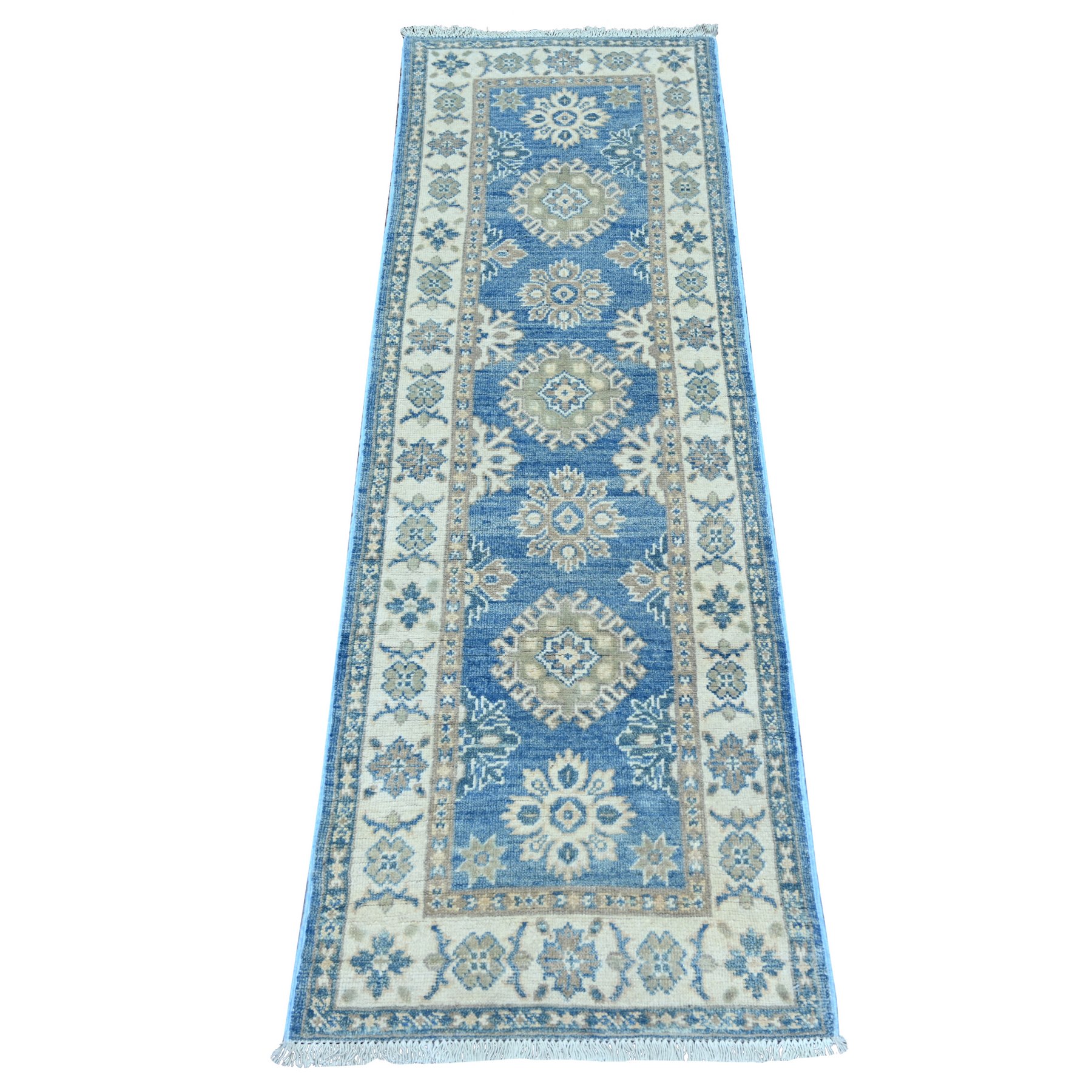 2'x5'8" Marlin Blue, Vintage Look Kazak with Tribal Medallions, Hand Knotted, 100% Wool, Natural Dyes, Short and Narrow Runner, Oriental Rug 
